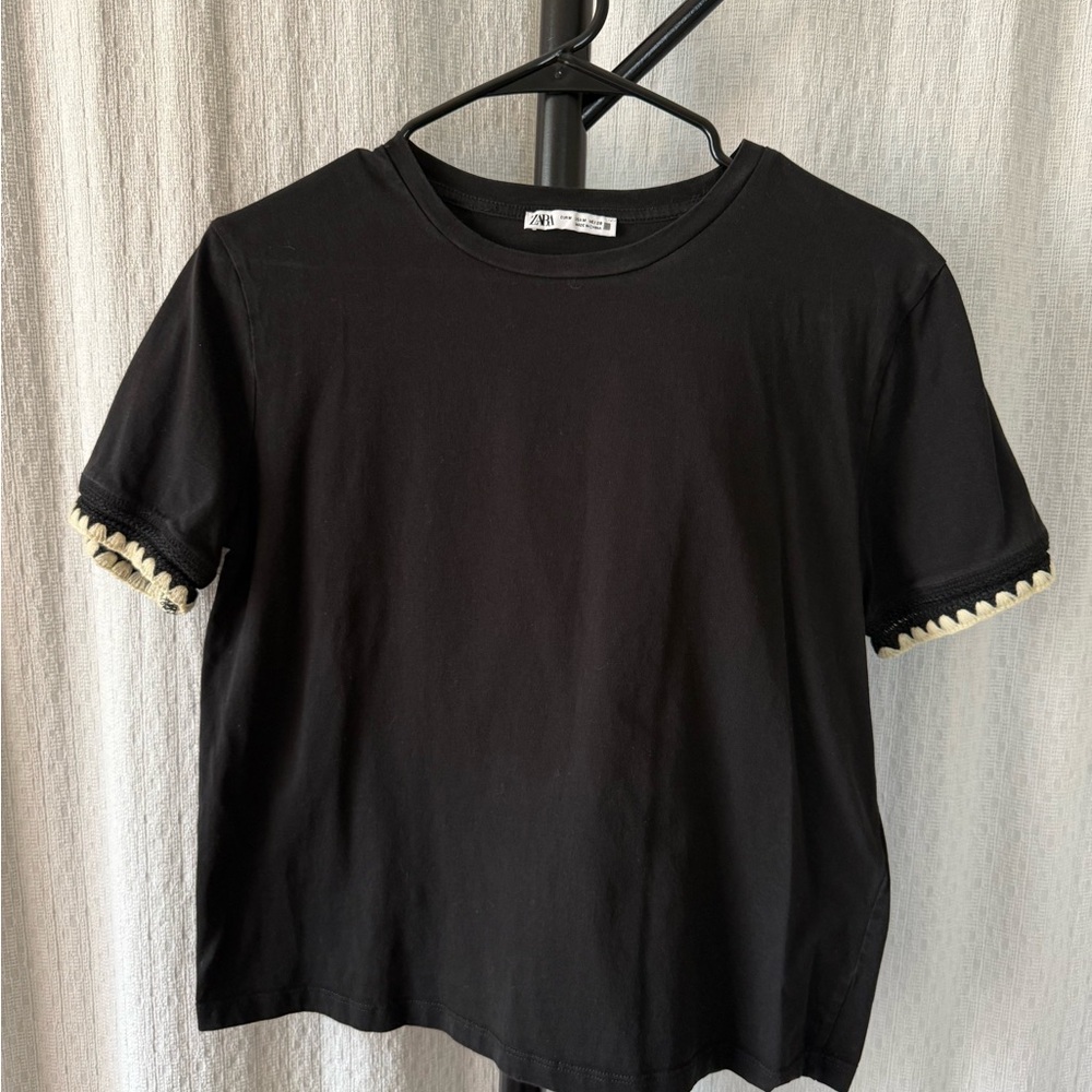 Zara Black Boxy Embellished Short Sleeve Tee